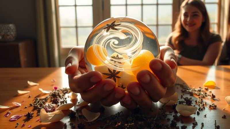 Una mano sostiene una esfera cítrica serena