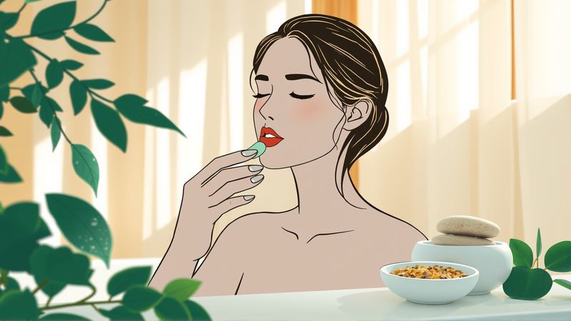 Una mujer serena cuida sus labios