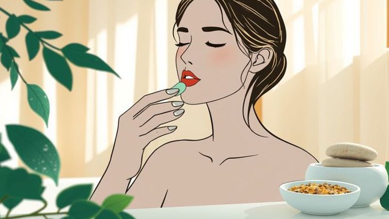 Una mujer serena cuida sus labios