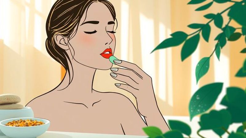 Una mujer serena cuida sus labios