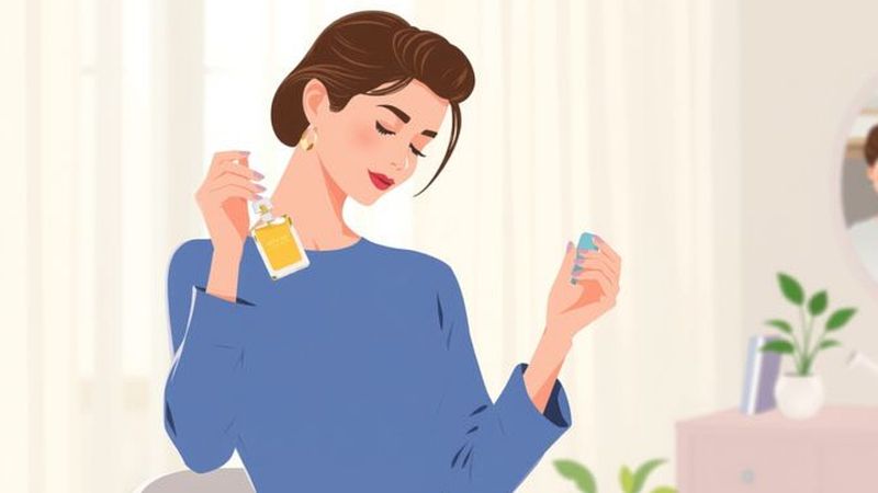 Una mujer observa delicadamente un perfume