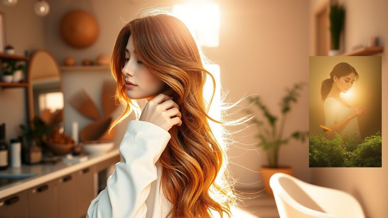 Una mujer examina su cabello en un salón sereno